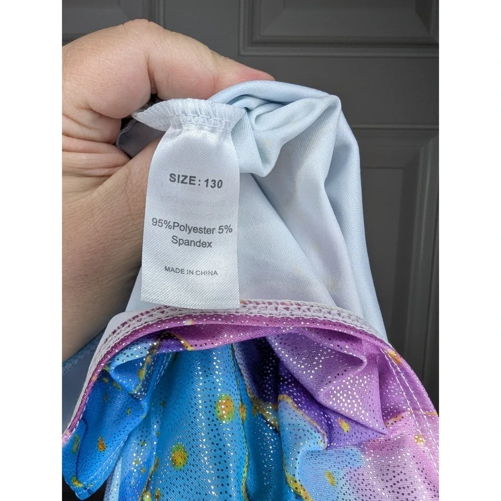 Girls Leotard Pink Blue Shiny Marble Dance Ballet Size M (6/8 Or 130 Cm)